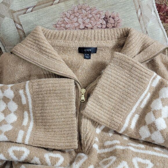 J Crew Sweater Womens L/XL Brown Relaxed Half Zip in Geometric Knit BD643 - Picture 9 of 13